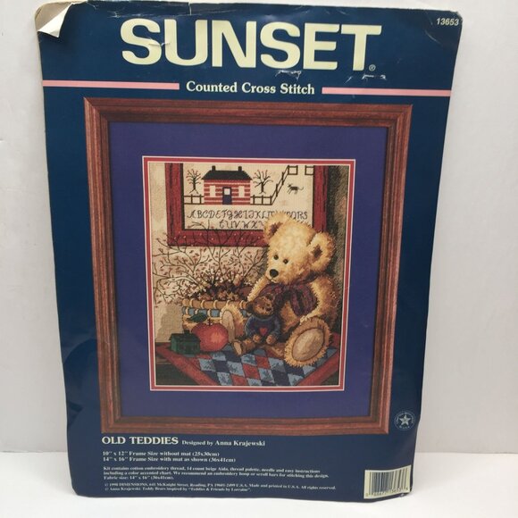 Vtg 1998 Sunset Counted Cross Stitch Kit Old Teddies Anna Krajewski 10"x12" - Picture 4 of 9